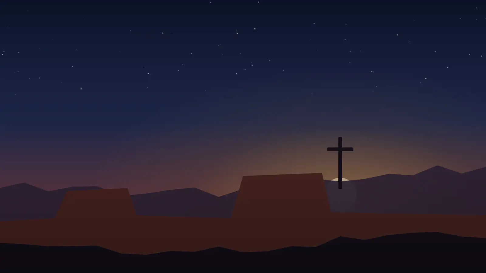 Dawn over red-rock mesas with a cross on a far hill
